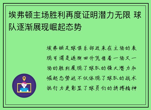 埃弗顿主场胜利再度证明潜力无限 球队逐渐展现崛起态势