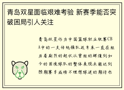 青岛双星面临艰难考验 新赛季能否突破困局引人关注